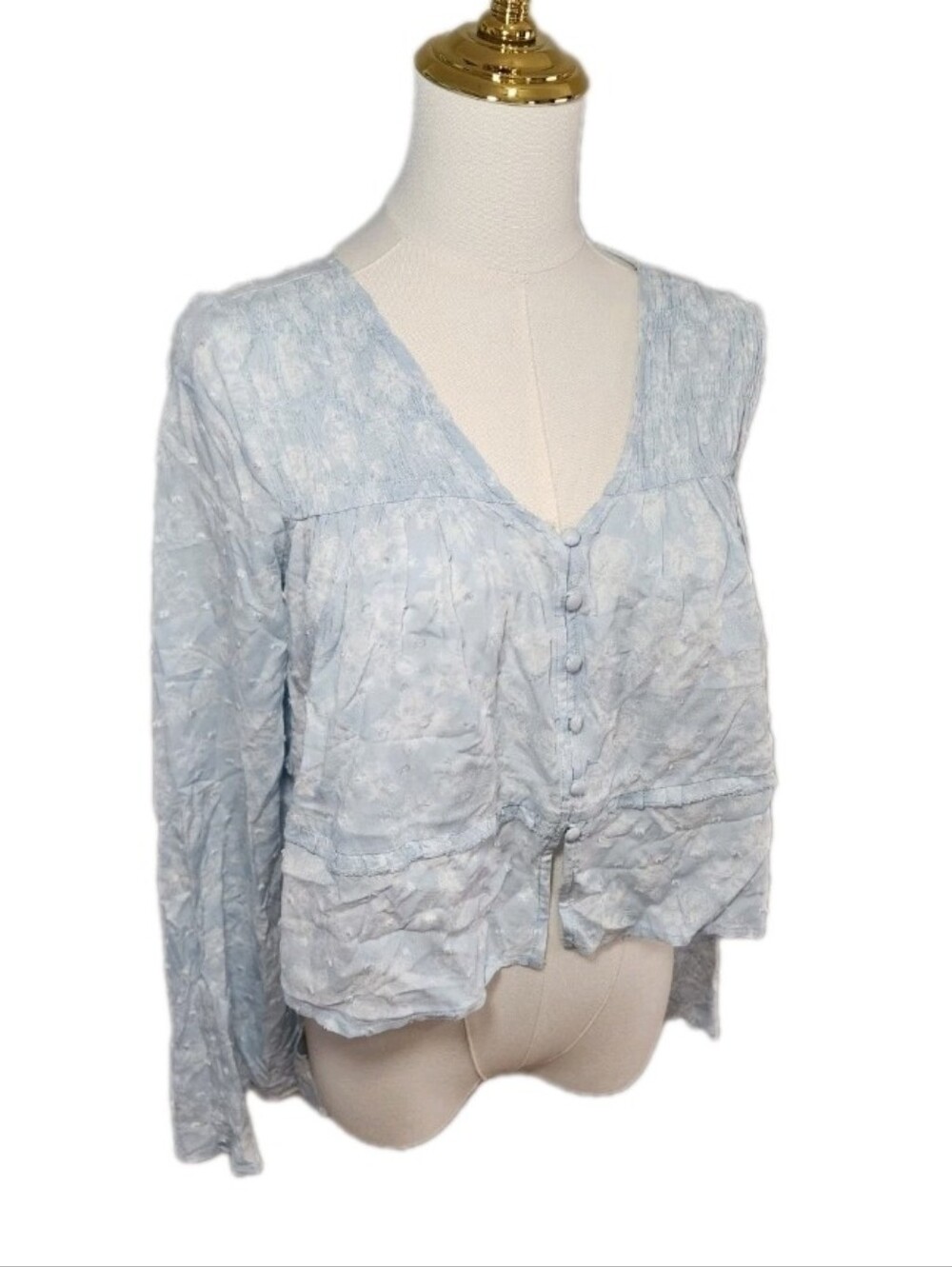 Floral Blouse Relaxed Fit Button Front Sky Blue Top Cotton Shirt Size XS